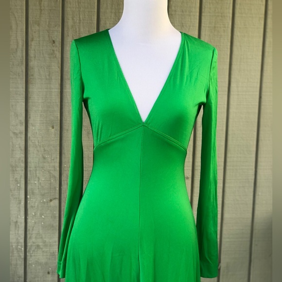 SOLD Vintage 70s 80s Jane Andre Elegant V-neck Jersey Long Sleeve Green Maxi 8 - Picture 2 of 13